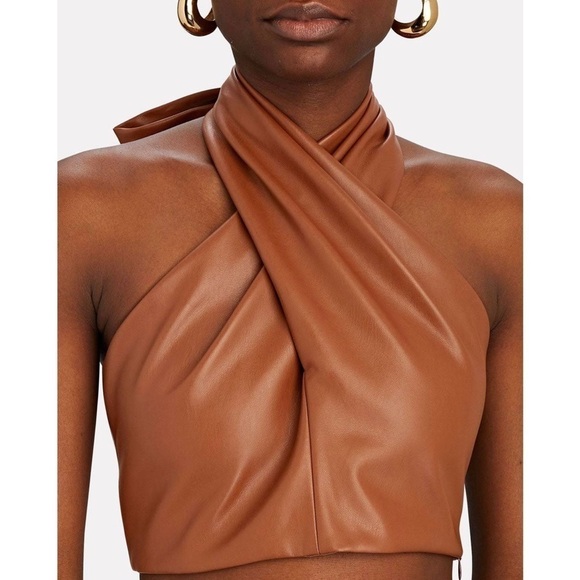 NWT STAUD 70s Vegan Leather Keyhole Twist Front Open Back Halter Tie Crop Top 10 - Picture 4 of 17